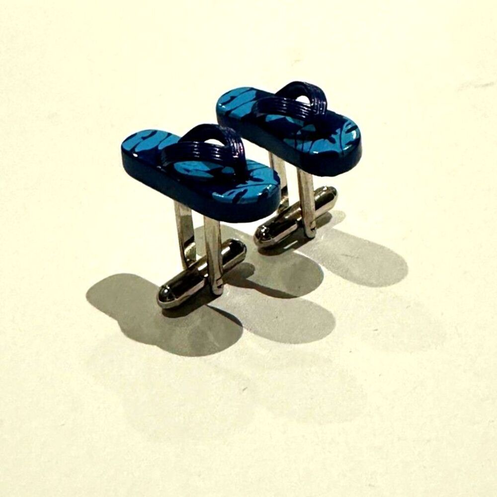 Flip Flop Sandals Cufflinks Blue Camo Pattern Silver Tone Mens Jewelry